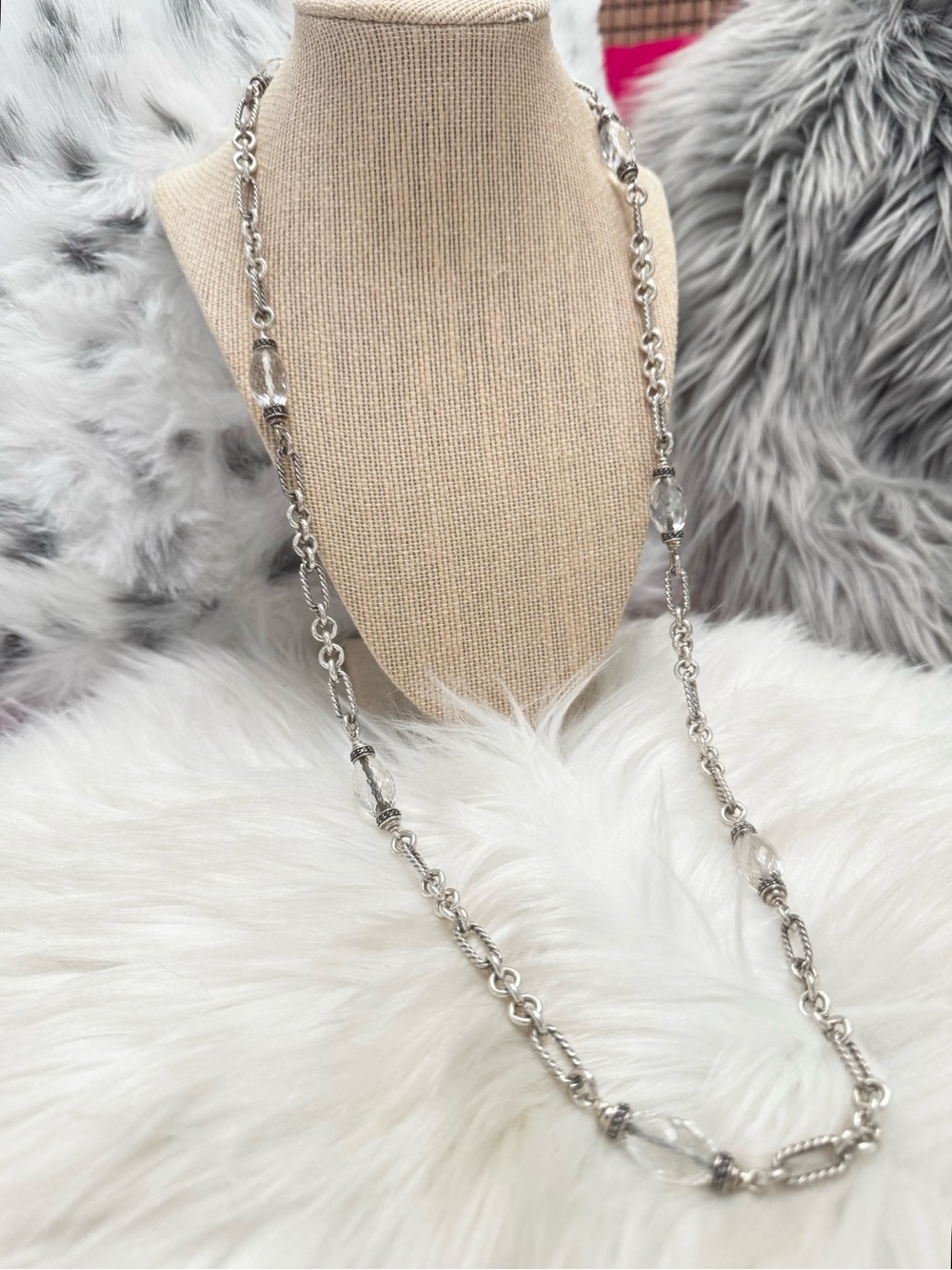 David Yurman .925 18K Clear Quartz Black Diamond Figaro Long Chain Necklace 34” - Picture 2 of 7